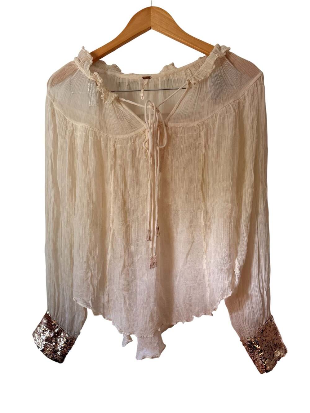 Free People Dream Cuff Blouse in Ivory with Gold Sequin Cuffs